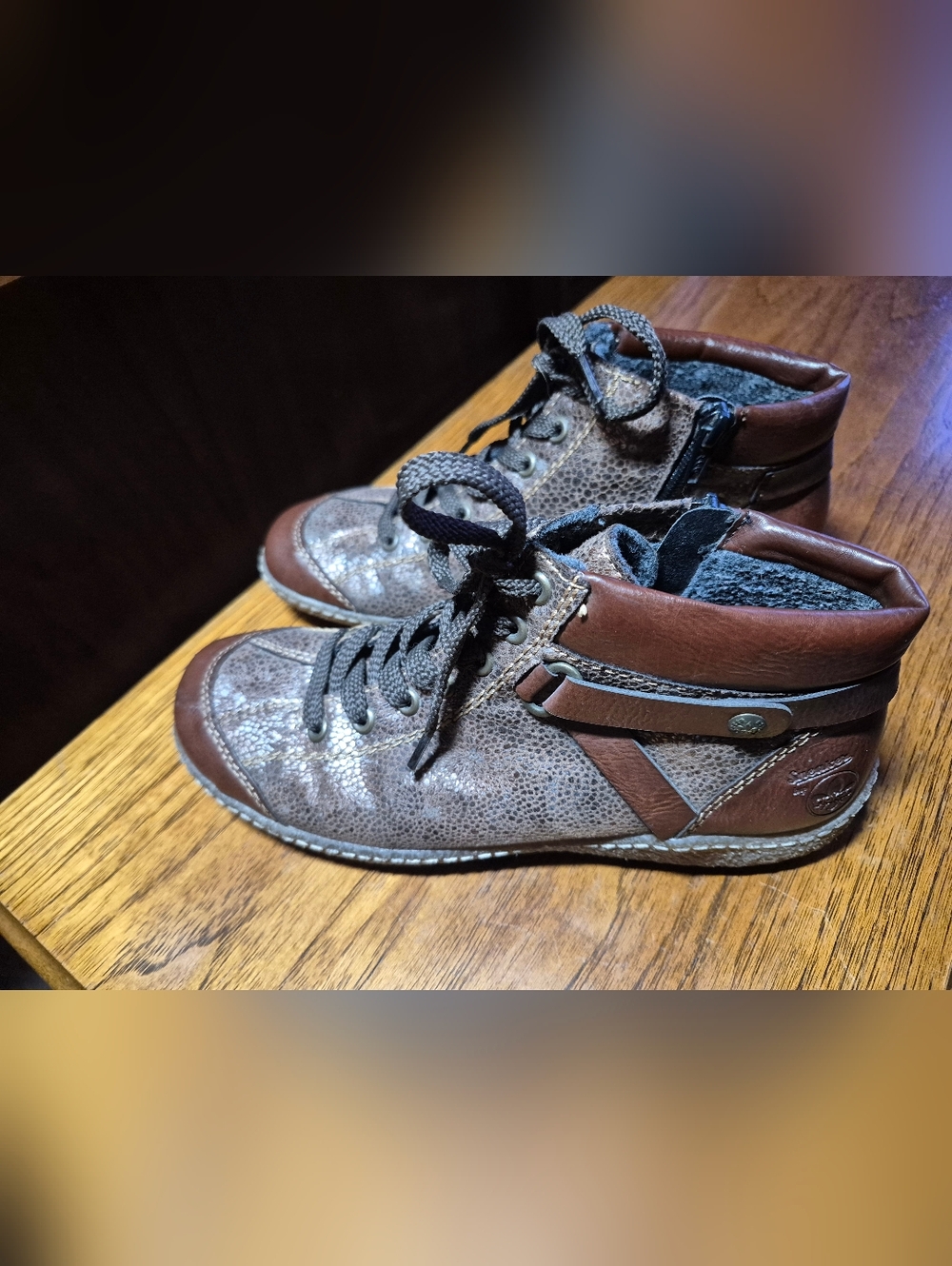 Rieker Brown Metallic Textured Leather Lace-Up Ankle Booties - Picture 2 of 6